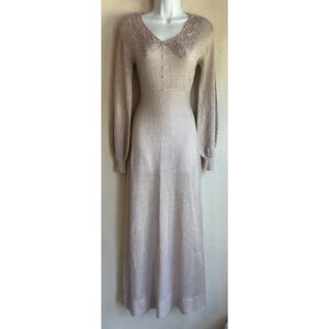 Vintage 1970's Wenjilli Knit Maxi Dress 7 8 Dusty Pink Metallic Lurex Disco